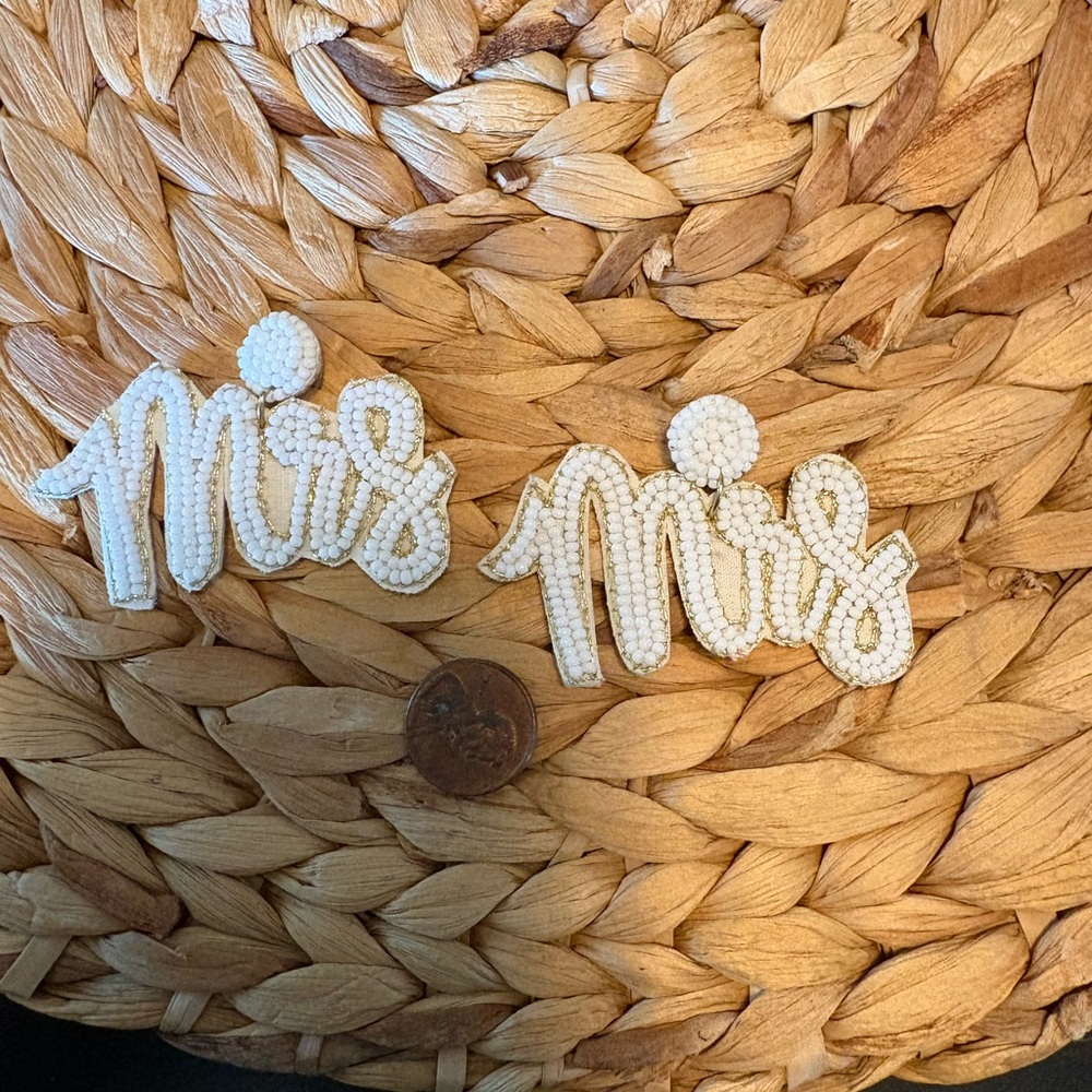 Elegant White Beaded 'Mrs' Earrings